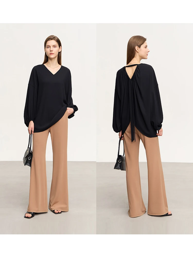 Amii Minimalism French Chiffon Shirts For Women 2024 Spring New V-neck Tie Lantern Sleeve Loose Backless Fashion Blouse 12441014