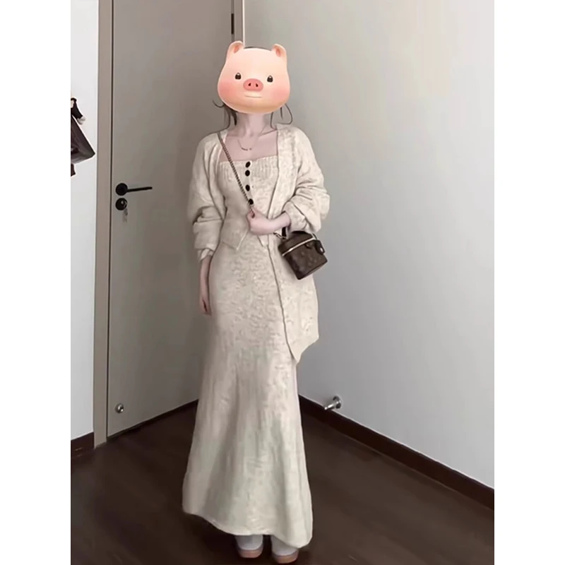 

Sweet Hot Girl Suit Women's Winter Knitted Cardigan Strapless Top High Waist Skirt Three-piece Set Fashion Female Clothes