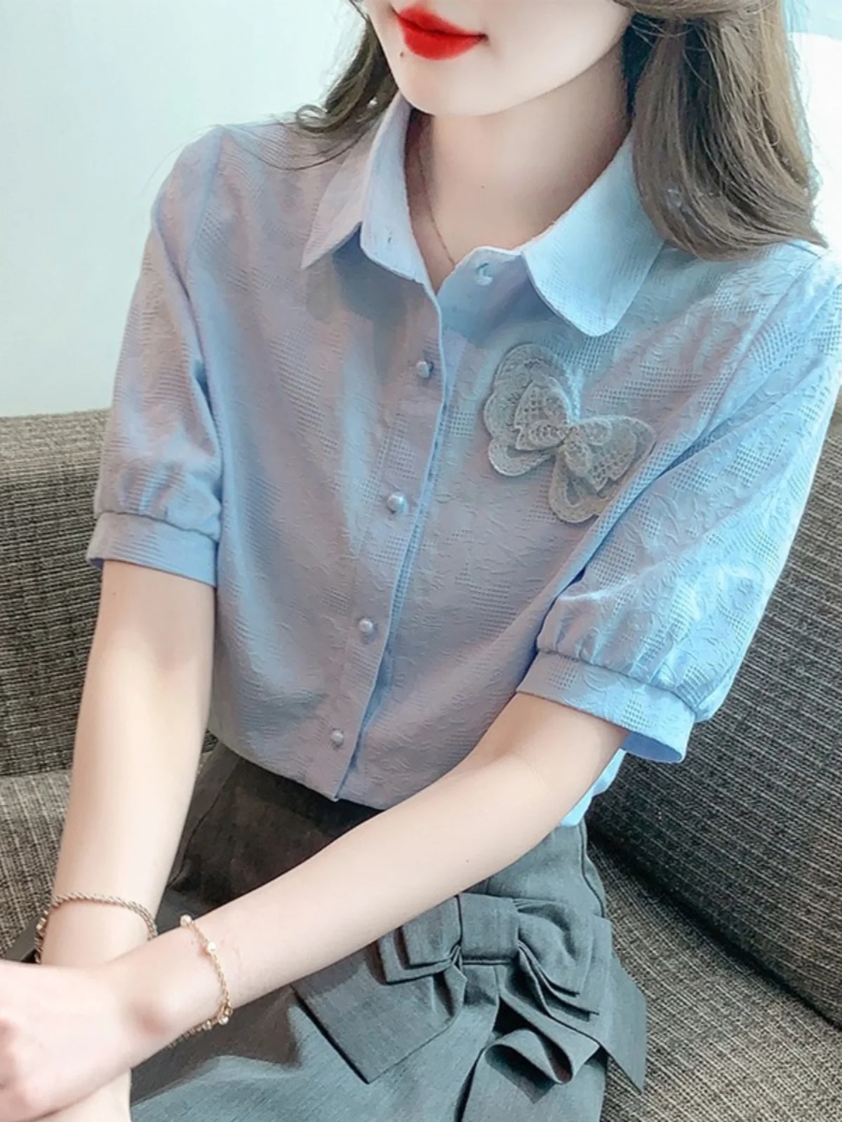 

Корейская свободная женская рубашка из чистого хлопка с коротким рукавом и узлом, модный дизайн с вышивкой, летний топ