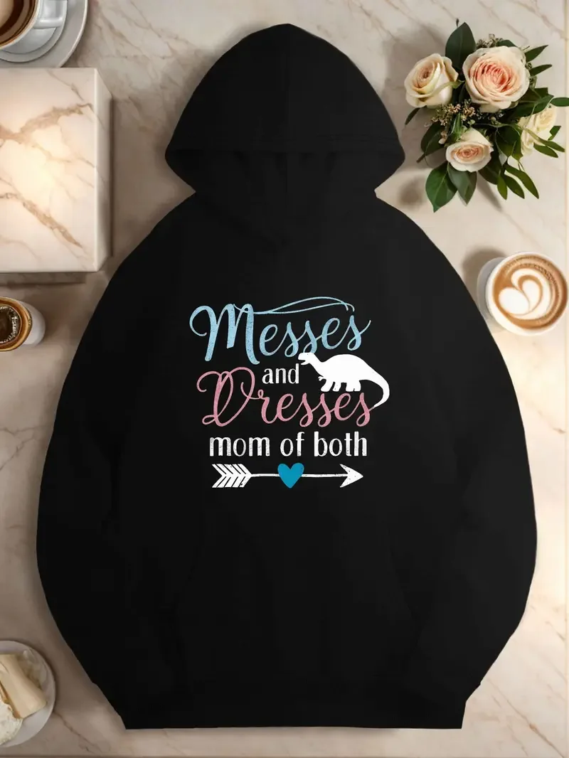 Women's Plus Size Casual Hoodie With Messes And Dresses Mom Of Both Print Polyester Knit Fabric Long Sleeve Geometric Pattern