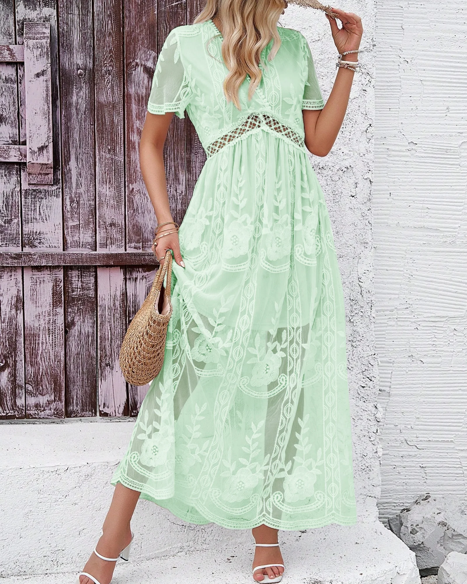 LUCYSHIHATTU Dames diepe v-hals korte mouw bloemen kanten jurk lange bruidsmeisje maxi-jurken