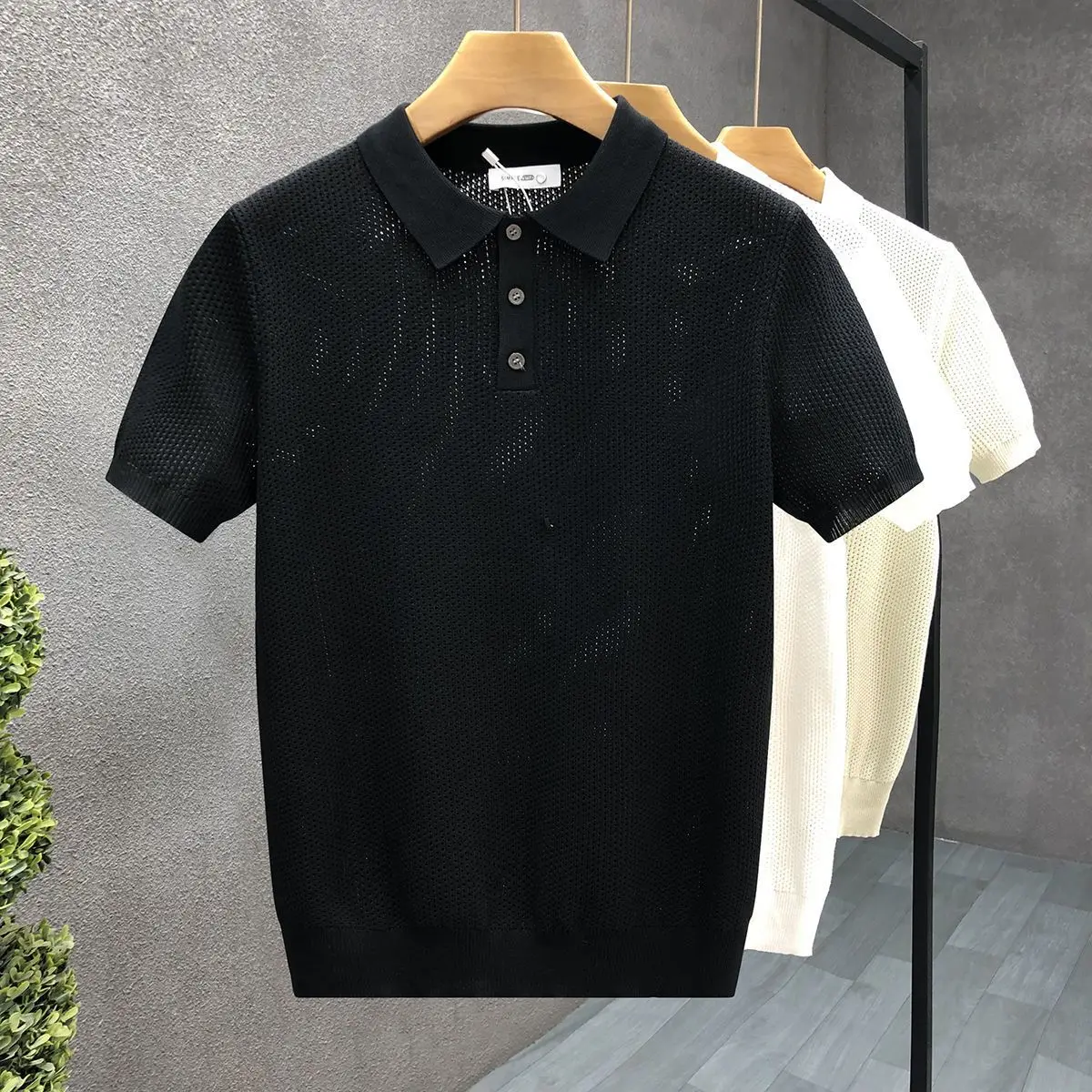 

Turn Collar Knit Polo Shirt Short Sleeve Mens Sweater Top