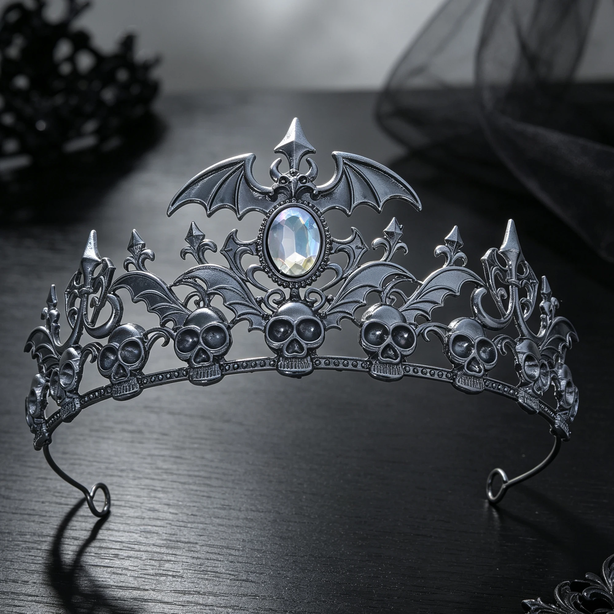 Antique Silver Skull Bat Tiara - Halloween Skeleton Decoration 评论和价格