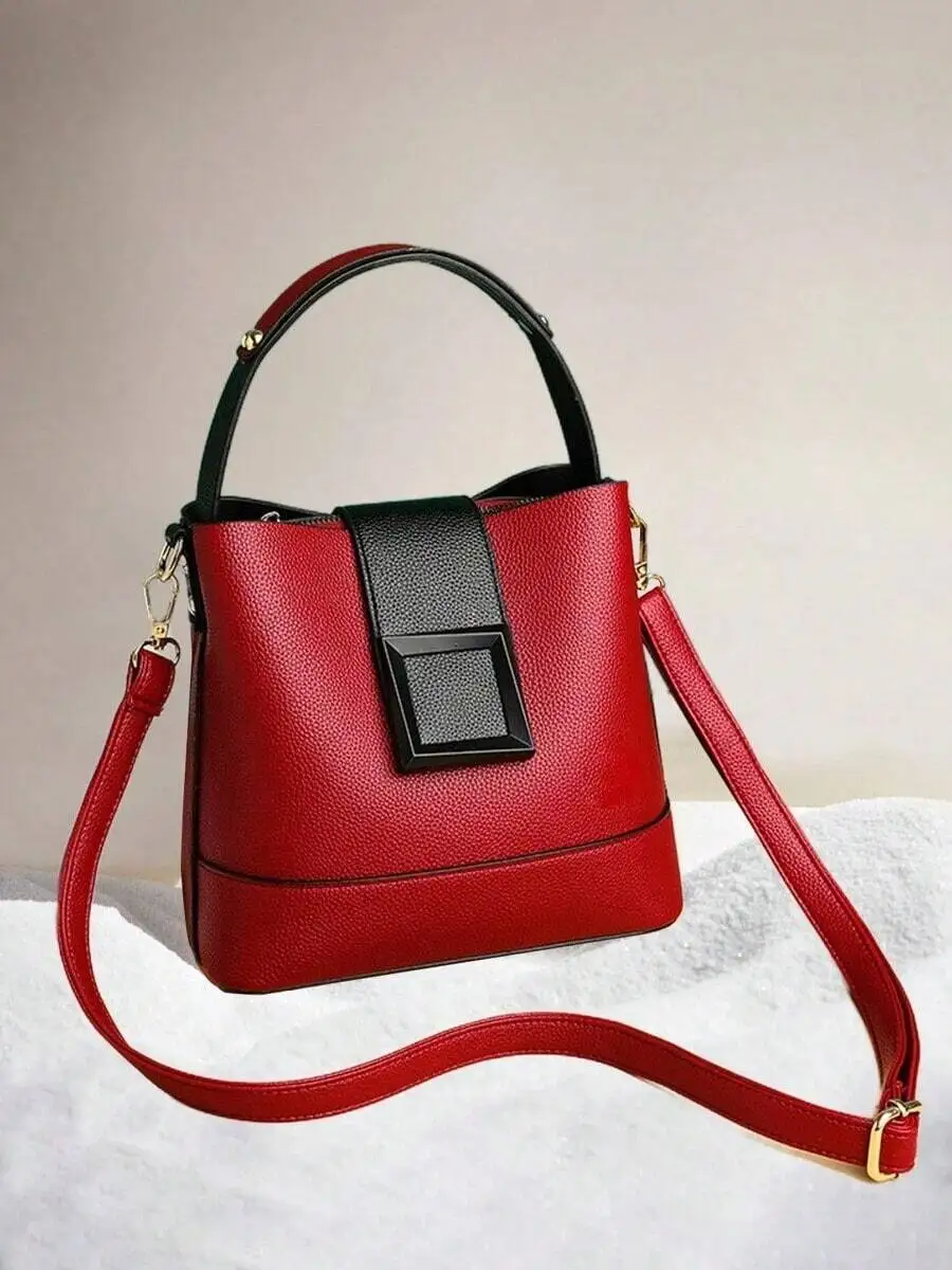 

Red And Black Colorblock Bucket Bag With Top Handle And Detachable Crossbody Strap PU Leather Casual Party Handbag