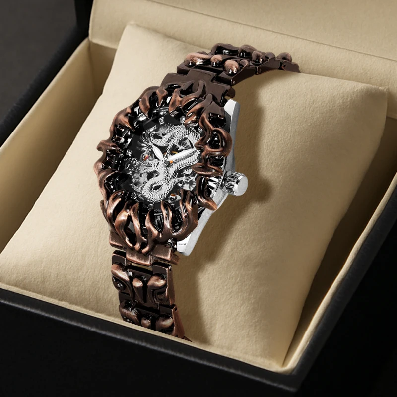 

Мужские модные часы с изображением дракона, серебристо-медные, с нестандартным дизайном, полностью автоматические, с турбийоном, механические.