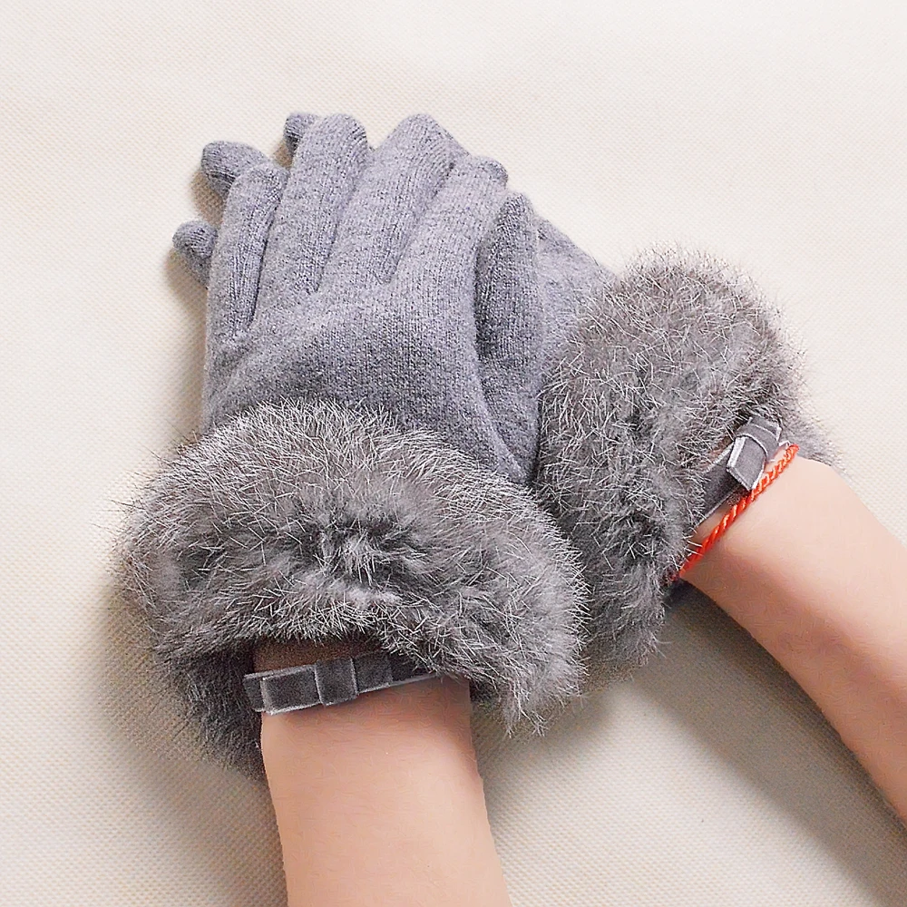 [BYSIFA] Fall Winter Grey Luxury Women Wool Rabbit Hair Gloves Fashion Brand Bow Tie Mitten Gloves  Long Rabbit Hair Warm Gloves