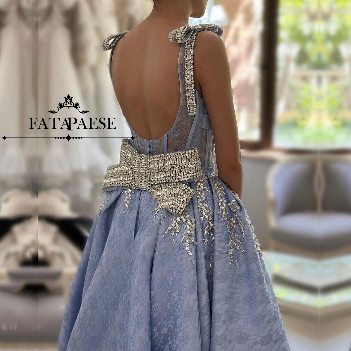 

FATAPAESE Sexy Prom Dress Princess Customzied with Spaghtti Strap with Beaded Crystals Gemstone Gown with Bow Pletaed Finshbows