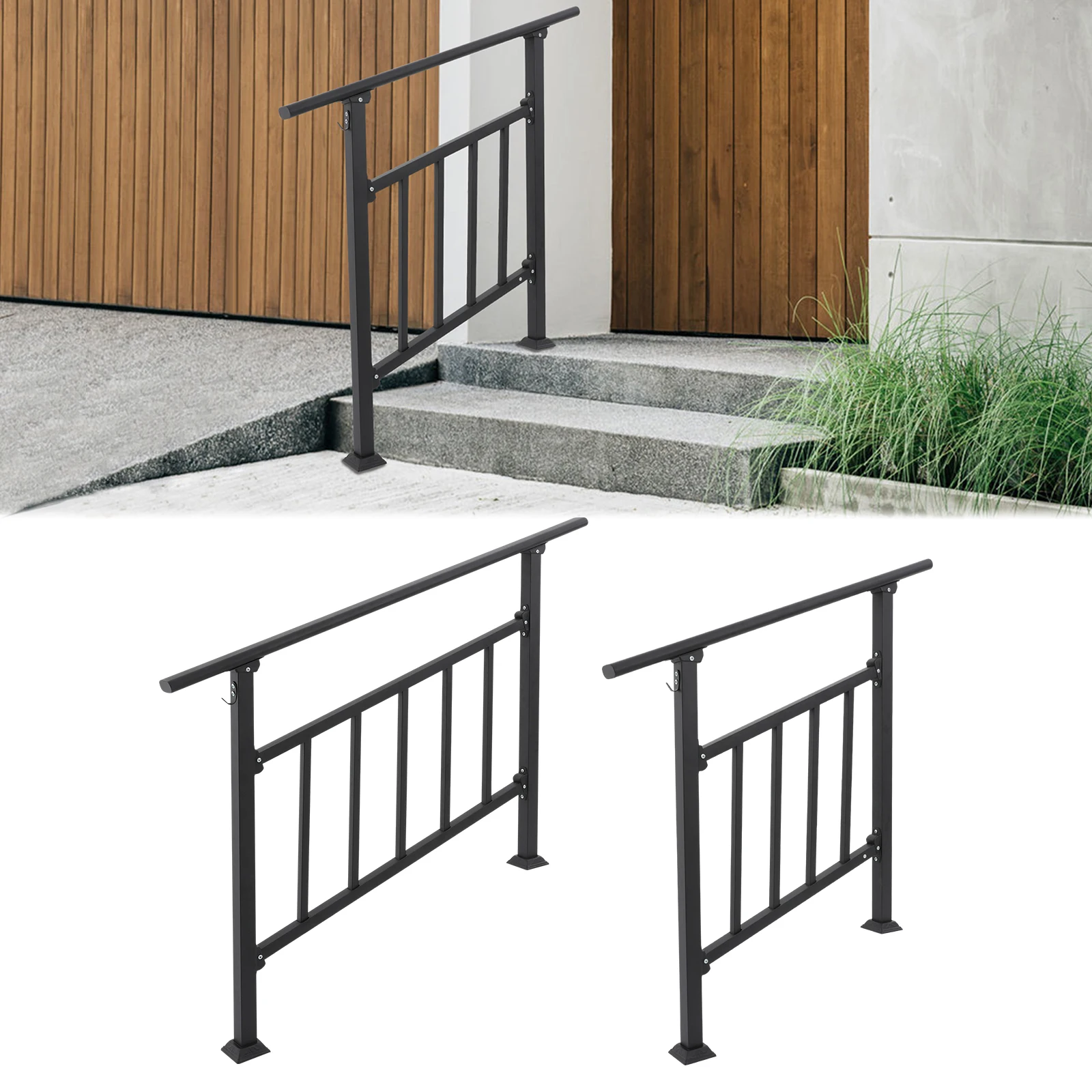 Pagar Tangga Baja Karbon 3 Langkah/4 Langkah, 40x37in/53x37in Hitam dengan Pagar Terpasang di Langkah untuk Tangga Luar Ruangan