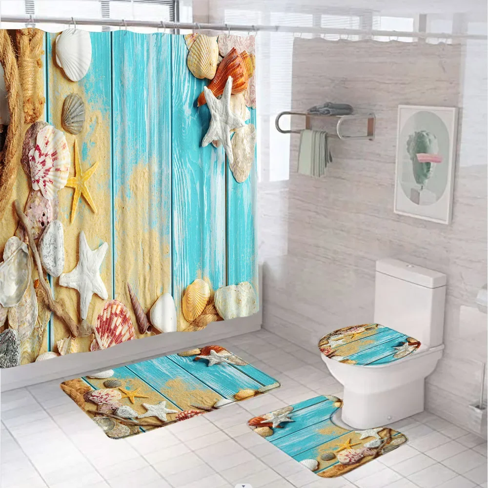 Beach Starfish Nautical Coastal Blue Board Shower Curtain Set Rug Bath Mat Toilet Cover Sea Conch Shell Sand Bathroom Curtains