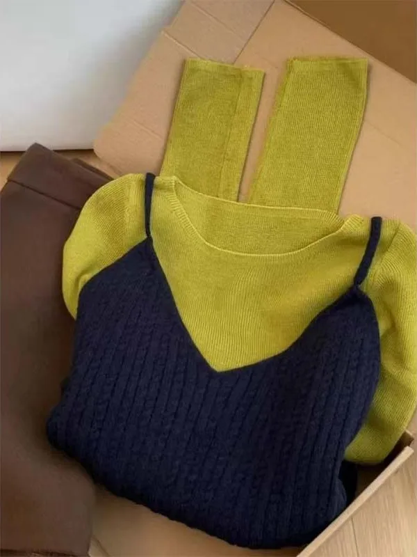 اللون بلو محبوك طويل Sve سترة المرأة الخريف الشتاء سليم صالح قاعدة طبقة قطعتين مجموعة Faionable مكافحة الشيخوخة