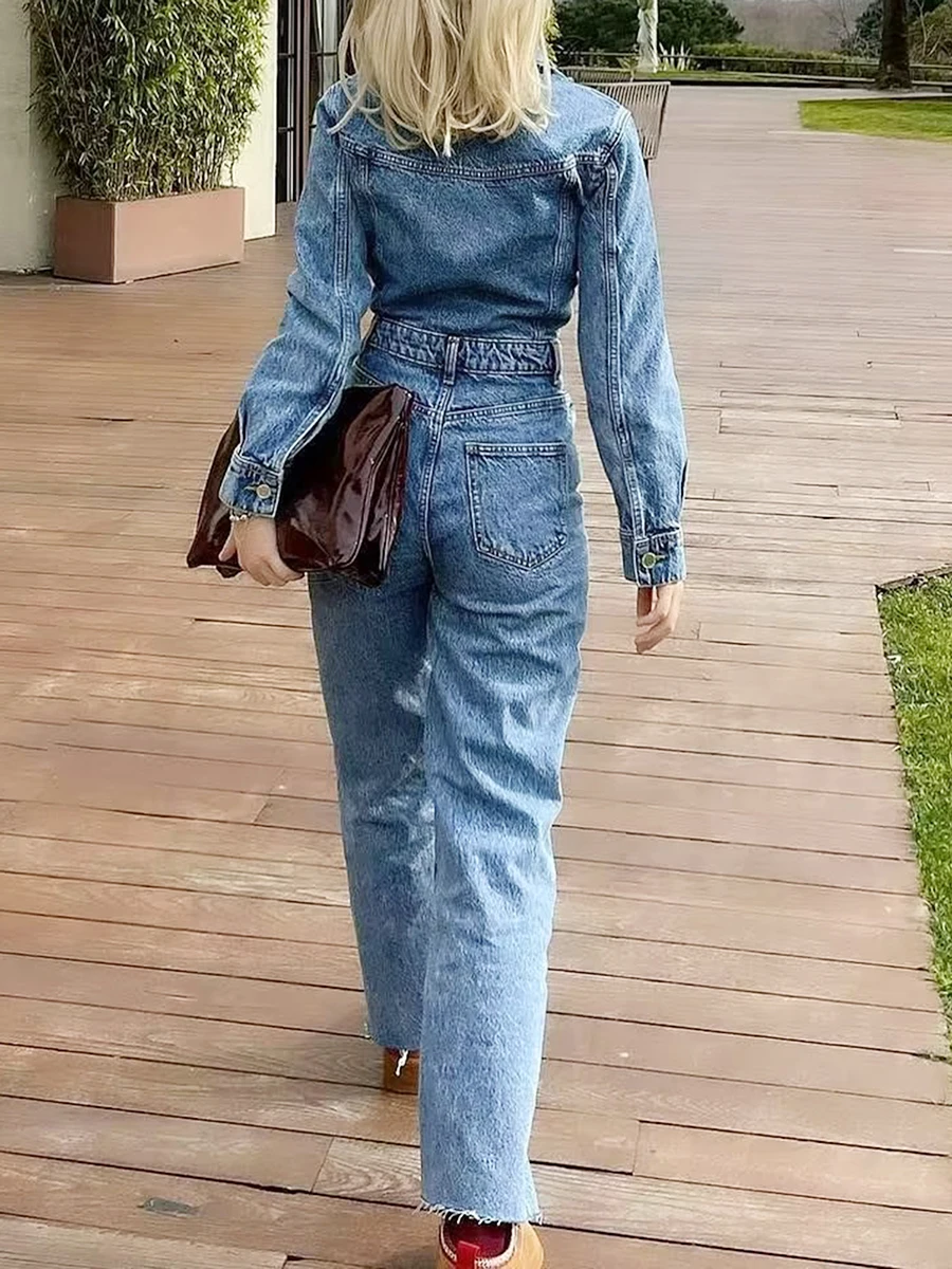 Damen-Jeans-Overall mit Gürtel, einfarbigen Knöpfen, Umlegekragen, langer Denim-Playsuit in voller Länge, Jeans, Strampler, Overalls