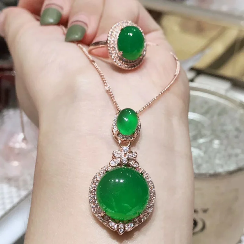 Chalcedony Pendant White Green Pink Jade Ring SuitS925Silver-Plated Two-Piece Suit One Piece Dropshipping