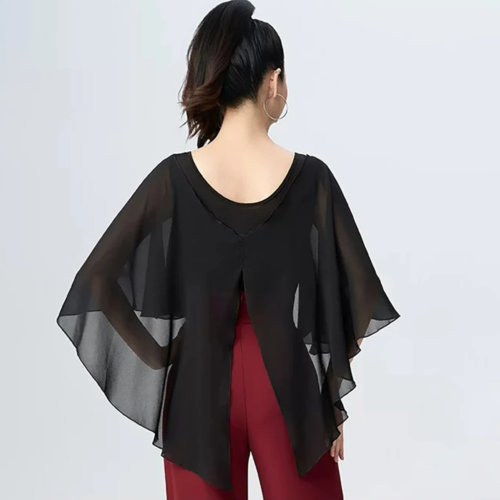 Elegant Ladies Latin Dance Tops Sheer Chiffon Cape Sleeves Ballroom Dance Shirt Women Waltz Blouse Rumba Practice Wear Bodysuit