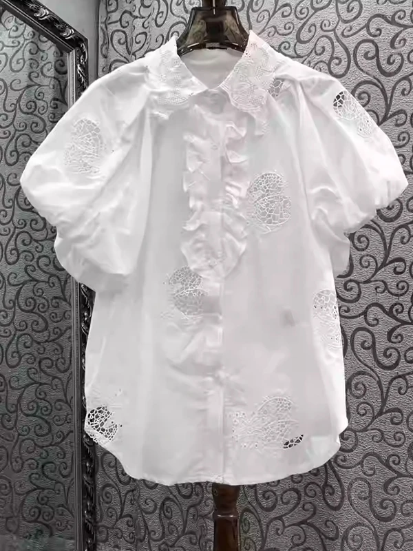 

2025 Summer New European Sle Women's irt Embroidered Hollow out Bubble Sve Turn-down Collar Slimming Top