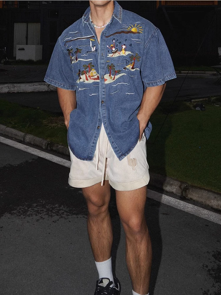 2025 Summer New Men's Tops Embroidered Denim Short-sleeve Shirts Men's American Style Trendy Versatile Loose Comfort Chic Shirt