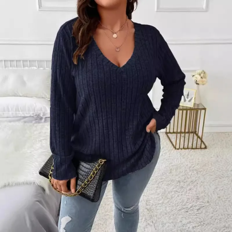 New Spring Autumn Solid Color Women's Tops V-neck Long-sleeved Pit Striped Brushed T-shirt Loose Pullover