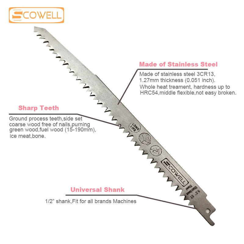 5Pack Stainless Steel Saber Saw Blade Cutting Wood Meat Bone 2PCS 9 inch 5TPI and 3PCS 12 inch 3TPI Reciprocating Saw Blades