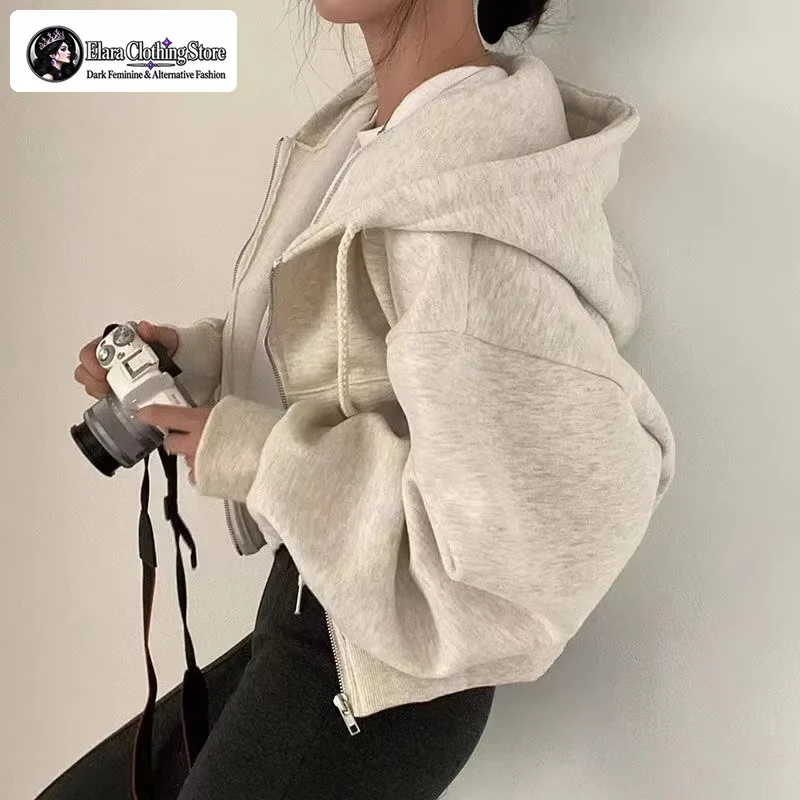 Elara Autumn/Winter New Solid Color Women's Zipper Hoodie Simple Fashionable Versatile Harajuku Y2k Style Umbilized Jacket