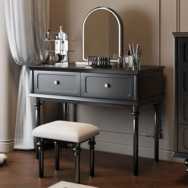 Luxury Traditional Solid Wood Adjustable LED Mirror Makeup Vanity Desk Table for Small Apartment Bathroom Black