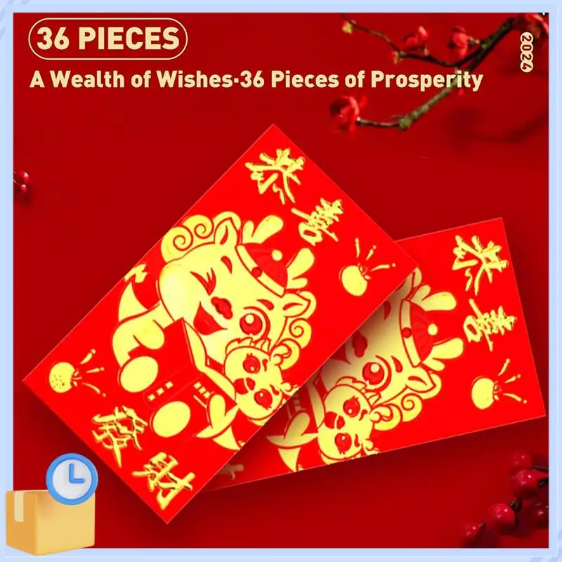Populaire 36 stuks Chinese rode enveloppen 2024 Nieuwjaar, 6 ontwerpen, Chinese enveloppen voor geld 2024 Dragon Lunar New Year, 6.5X3.5Inch D