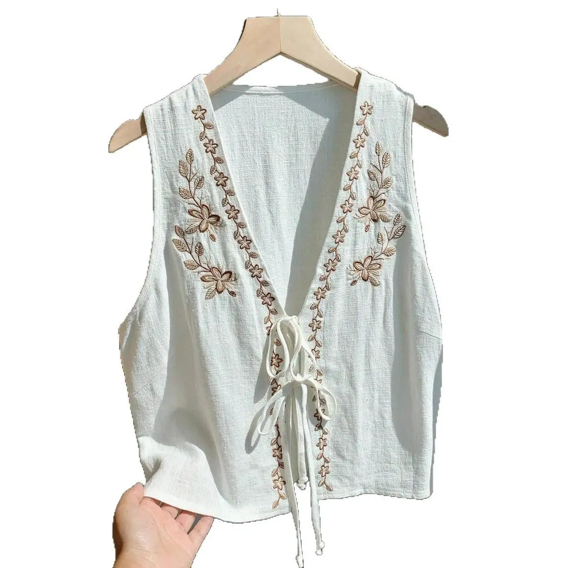 Fashionable Embroidered Cotton Linen Short Sleeveless Vest Belted Neckline Independent Cross-Border New Style Women's Top
