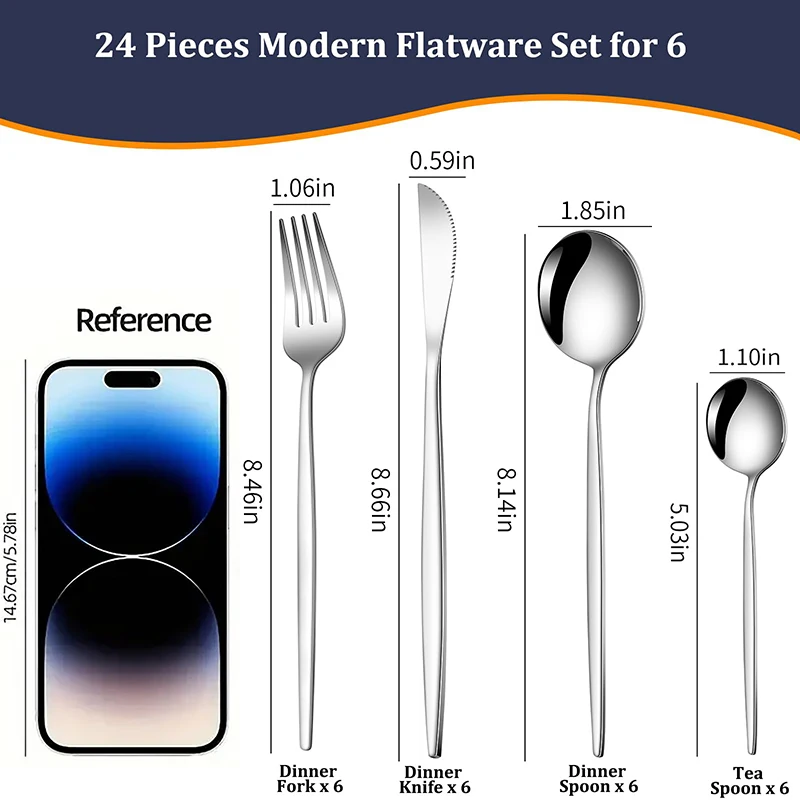 24pcs Stainless Steel Tableware Set Mirror Polished Western Tableware Knife Fork Spoon