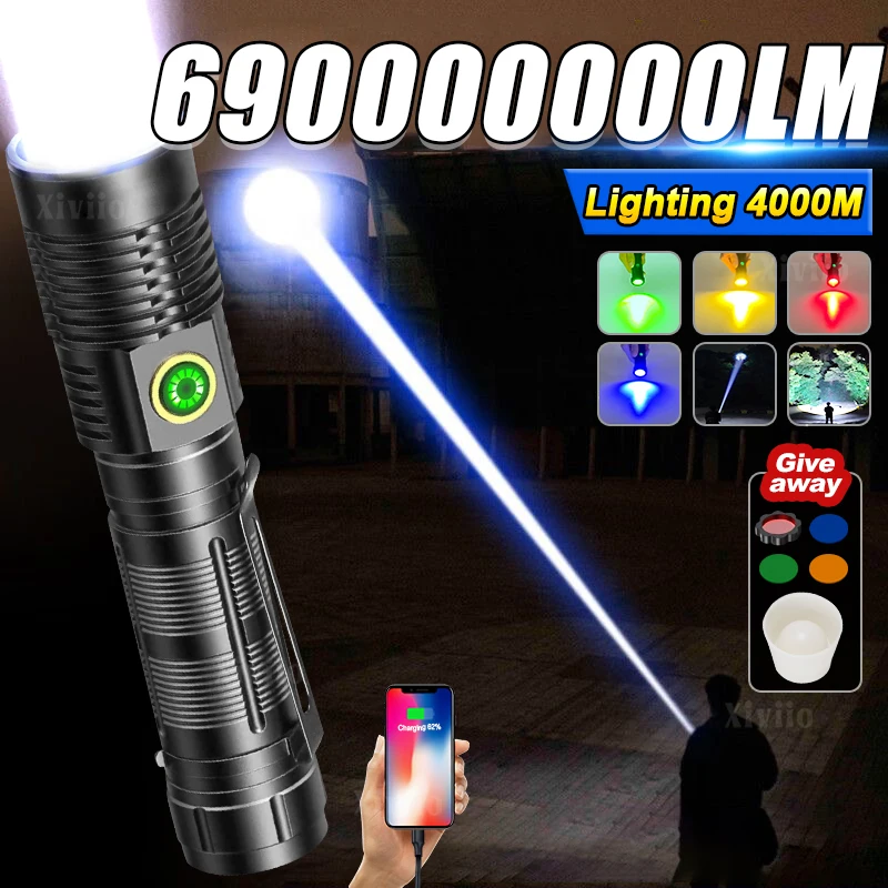 

Ультрамощный ручной фонарь 6900000 лм, перезаряжаемый, многофункциональный, с цветным светом, для кемпинга и активного отдыха