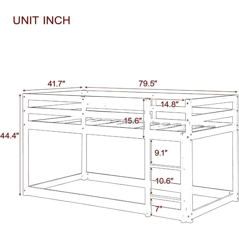 Lits superposés bas pour lits jumeaux, cadre de lit superposé au sol, lit loft junior pour enfants, garçons, filles, adolescents