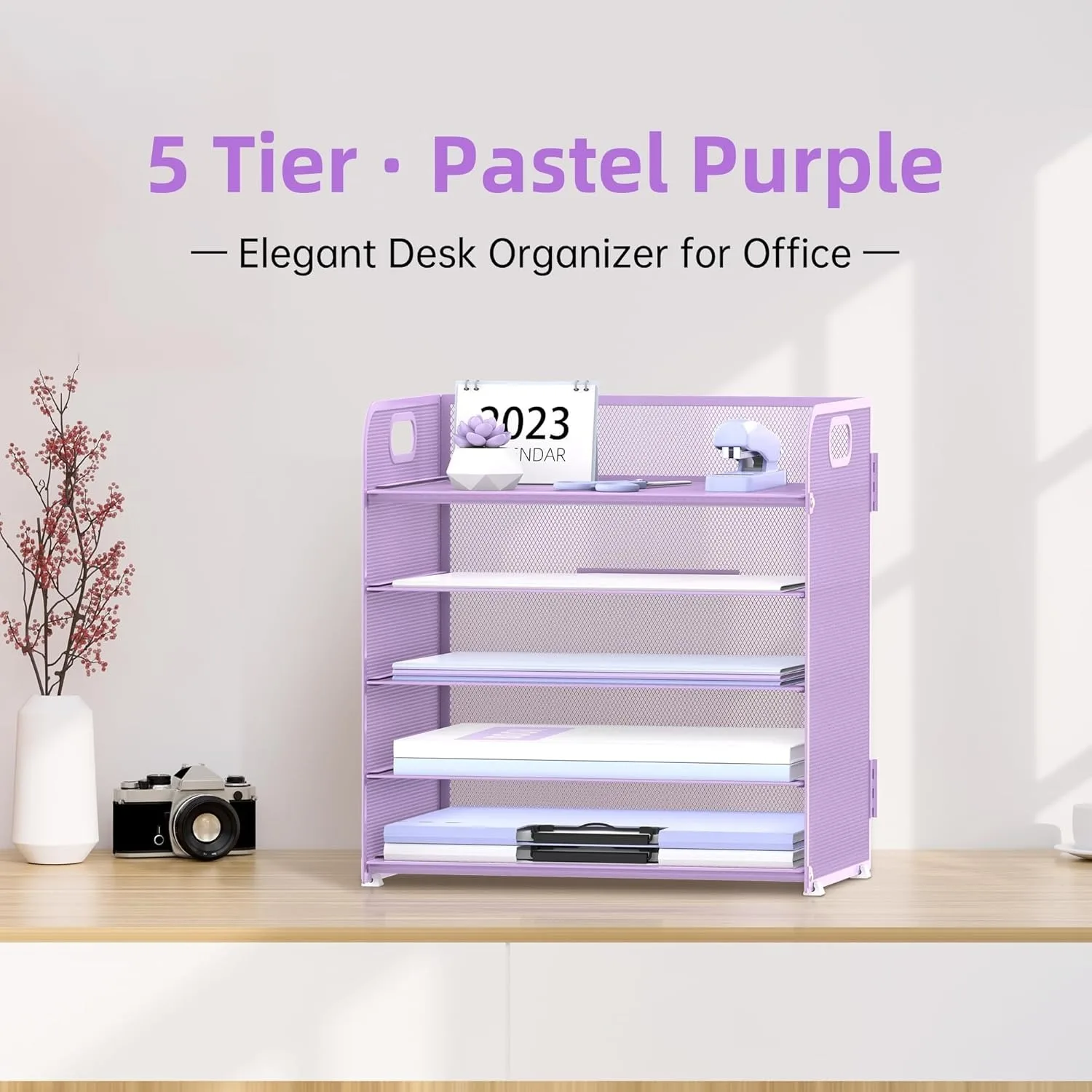 2-piece set of 5-layer purple desktop storage with handle mesh desktop file/paper storage, suitable  offices and easy to install