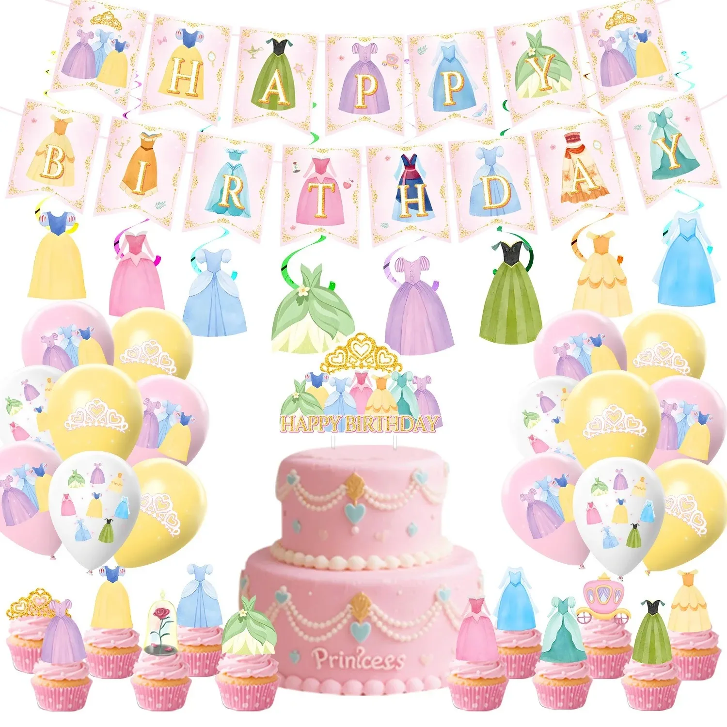 Fournitures de fête sur le thème de la robe de princesse, assiettes en papier, idées de célébration d'anniversaire, bannières, toile de fond, rideaux, pop-corn, ballons, cadeaux