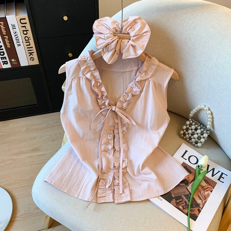 

2025 New Summer Elegant Bow Shirts Women Japanese Style Ruffles Patchwork Female Blouses V Neck Lace Up Sleeveless Casual Tops