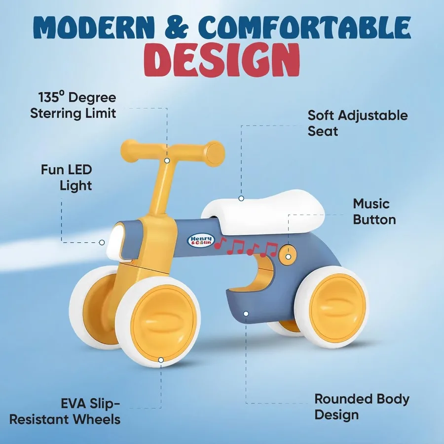 Babyloopfiets voor kinderen - Geen pedaal 4 stilte wielen en zachte zitting eerste fiets, peuterwandelaar voor jongens en meisjes, met licht, Musi