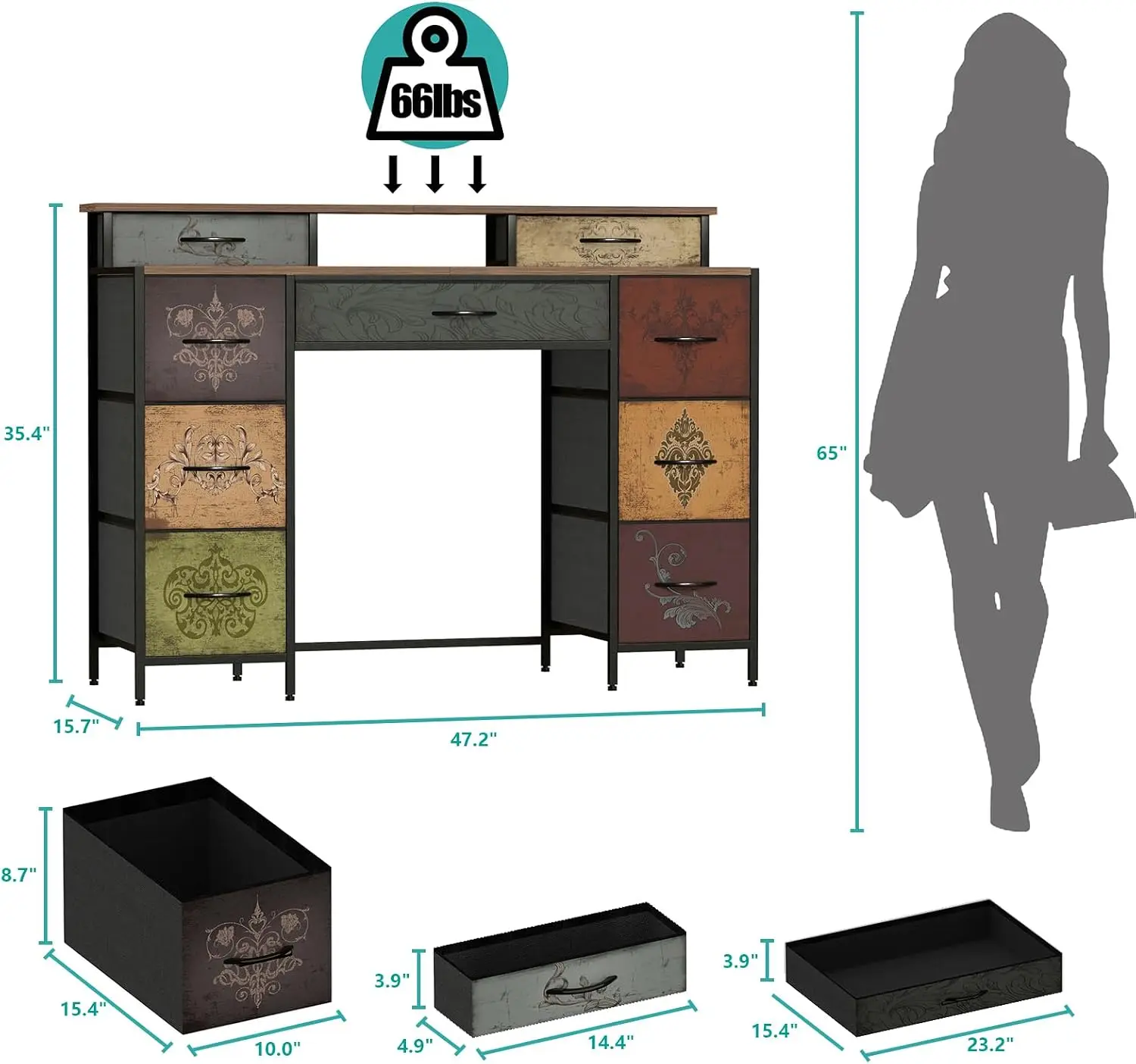 Vanity Makeup Desk With Nine Storage Drawers And Two Open Shelves Tall Fabric Cabinet Frame Dresser For Bedroom Closet Living Room Rustic Pattern One Pack