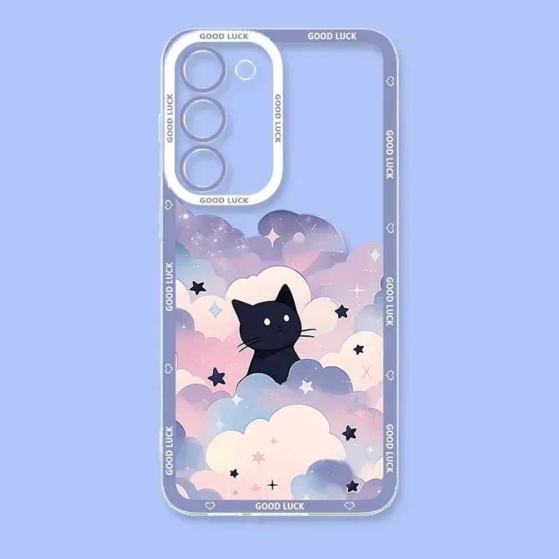 Lustige Künstlerische Schwarze Katze Sternenhimmel Handyhülle für Samsung Galaxy S26 S24 S23 S22 S25 Plus Ultra Transparente Hülle S23+ S22+ S24+ Schutzhülle