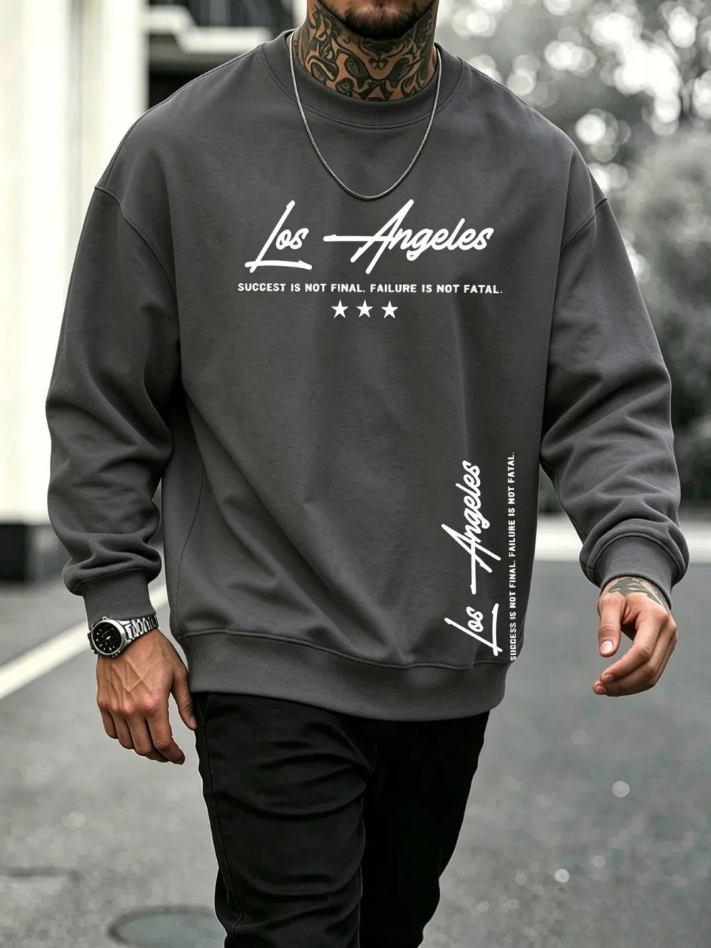 American Men's Autumn Gothic Los Angeles Letter Printed Soft and Comfortable Round Neck Long Sleeve T-shirt Outdoor Street Top