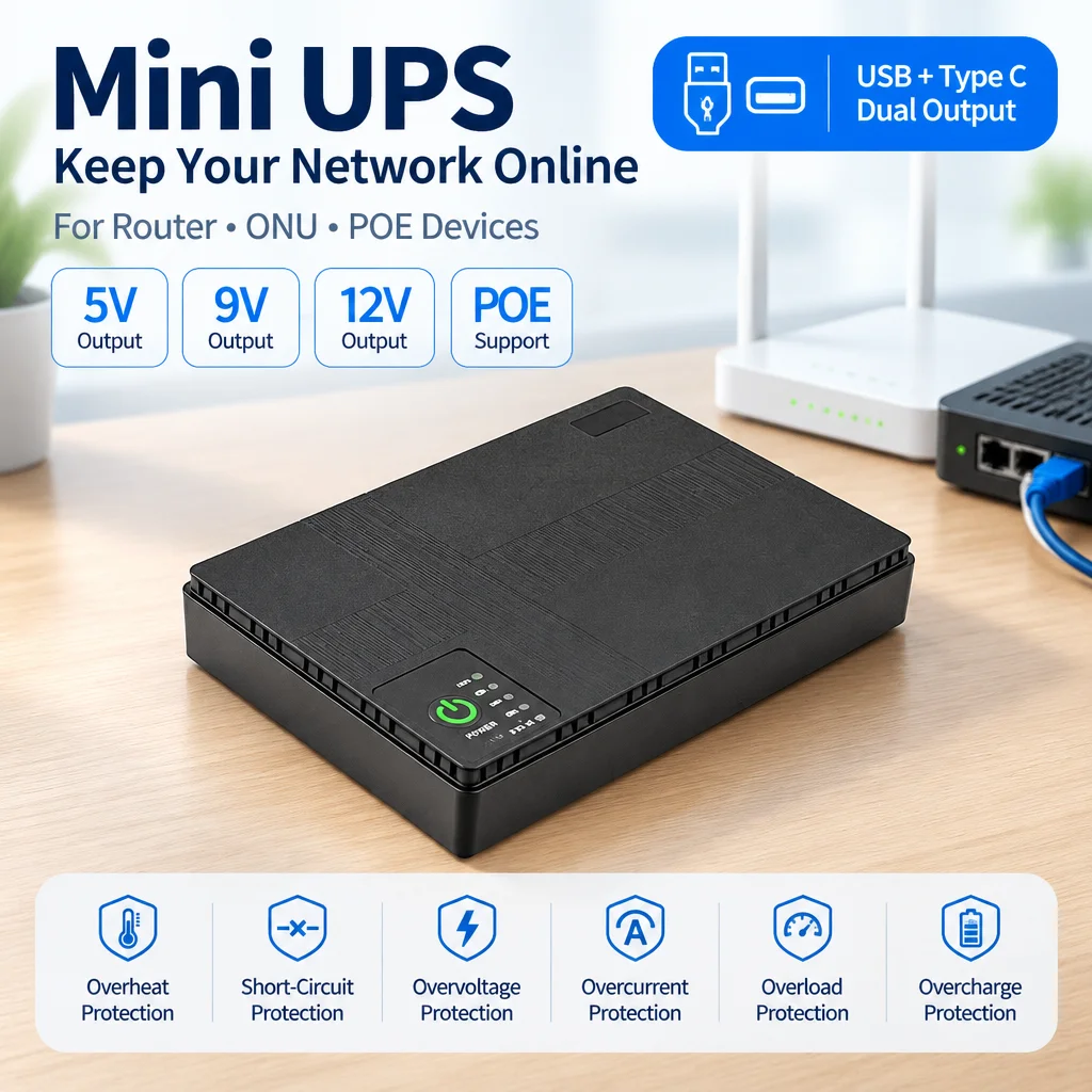 DC Mini UPS Built In Lithium Battery Multivoltage Output POE Backup Power Supply With USB And Type C For Access Control Router
