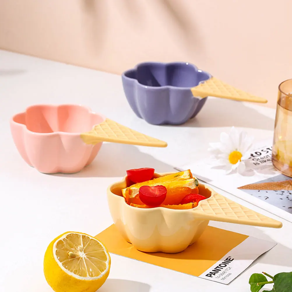 

Ceramic Ice Cream Bowl Sturdy Decorative Fruit Dessert Bowl Handled Multi-Function Salad Candy Kitchen Container