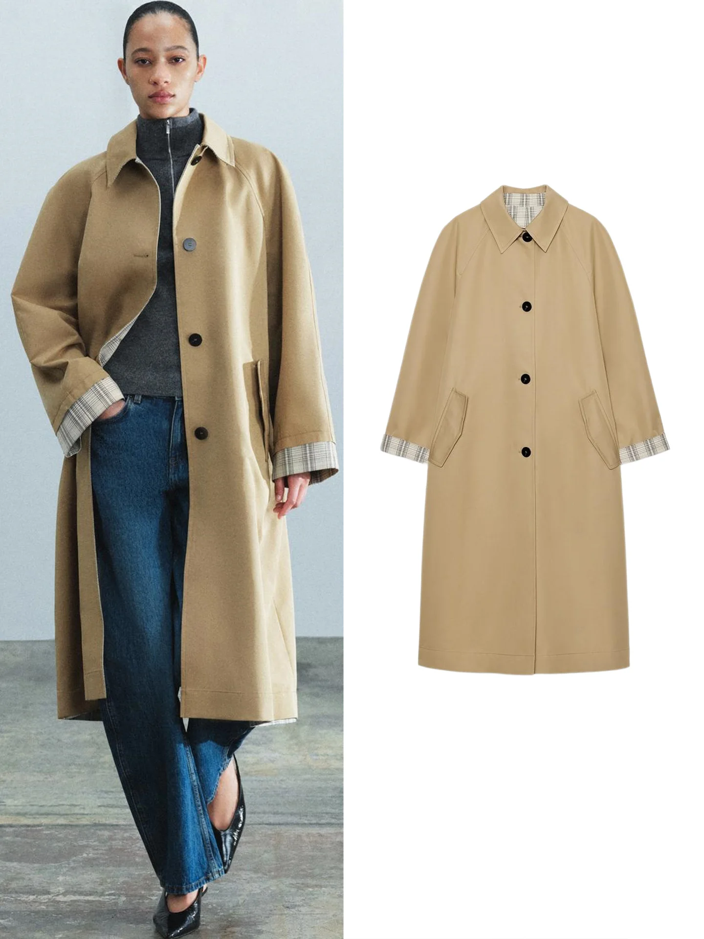 Autumn New Women's Long Sleeve Turn-down Collar Color Block Button Decor Double-sided Wear Long Coat Jacket 3811244
