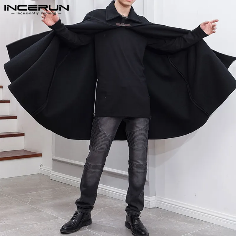 Fashion Men\'s Cloak Coats Lapel Solid Color One Button Cape Trench Streetwear 2023 Casual Overcoats Men Ponchos S-5XL INCERUN