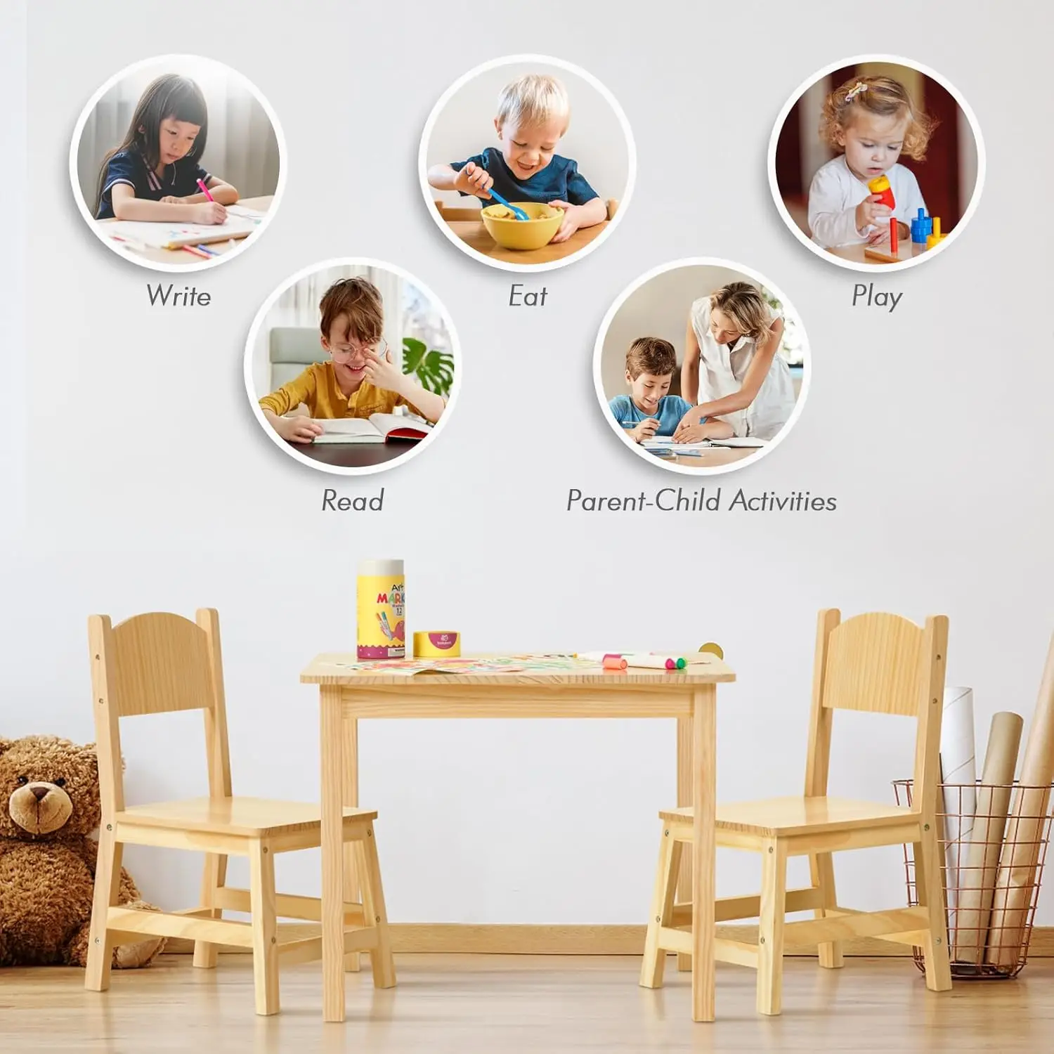 Solid Wood Toddler Table and Chair Set, Ergonomically Designed Kids Table and Chairs for Arts, Crafts, Reading, Preschool