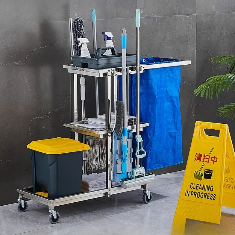 

Stainless steel cleaning cart Hotel rooms Multifunctional trolley Property cleaning Cleaning trolley Tool trolley