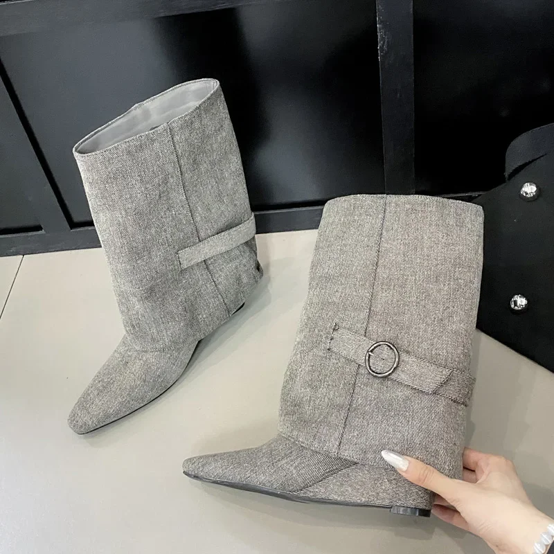 

Aneikeh/2026, зимние дизайнерские женские ботильоны с острым носком, короткие ботильоны на танкетке с пряжкой на высоком каблуке