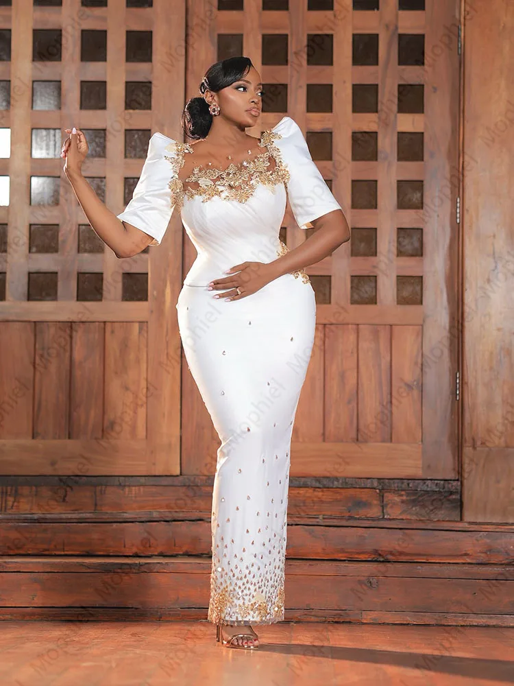 African Civil Wedding Dresses Short Sleeve Mermaid Bride Dress for Women Beaded Appliques Nigeria Aso Ebi Bridal Gown Customized