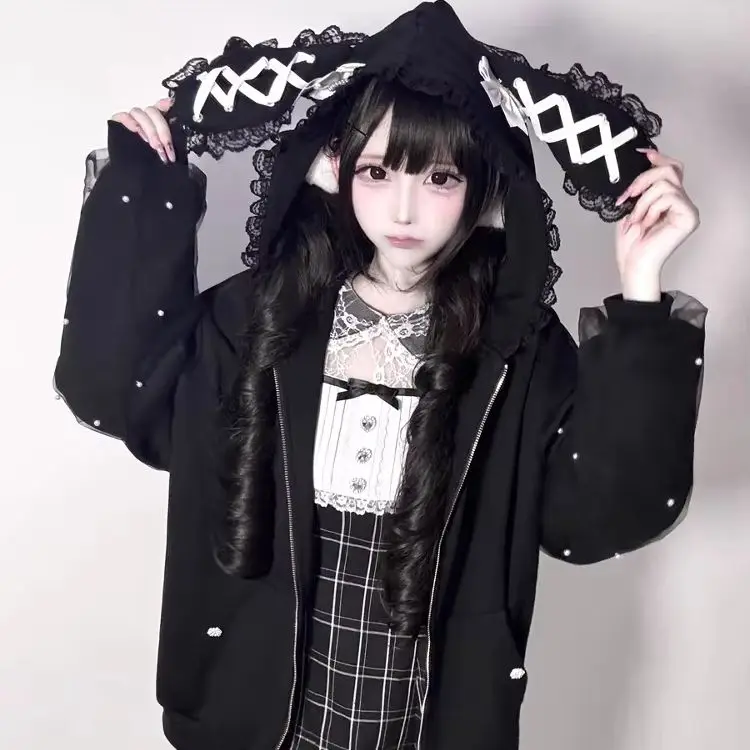 Subkultur Frühling Herbst junges Mädchen Hoodie Mantel japanische Reißverschluss Strickjacken Top süße Riemen Hasenohren Perlen Schleife Kapuze Frau Jacke