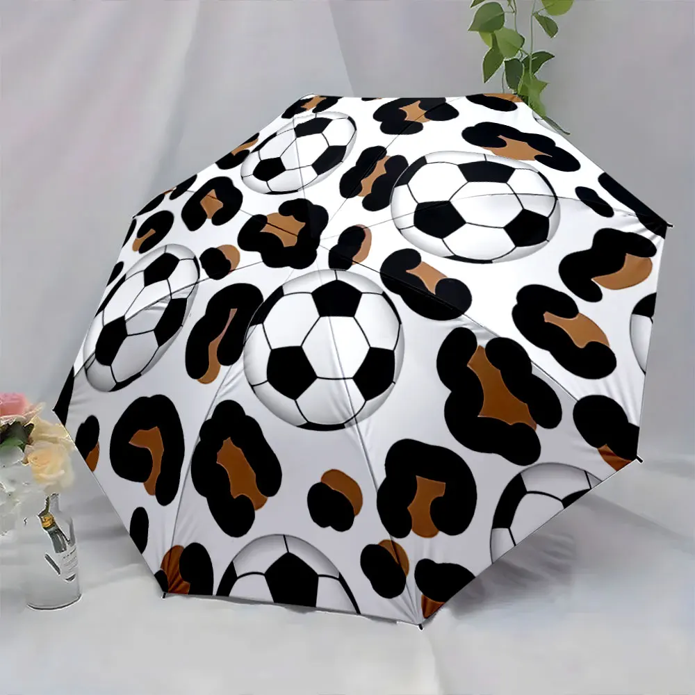 1PC Soccer and Leopard Print Pattern Umbrella Design Print 8 Iron Ribs Folding Umbrella Auto-Open Fashion Sunshade
