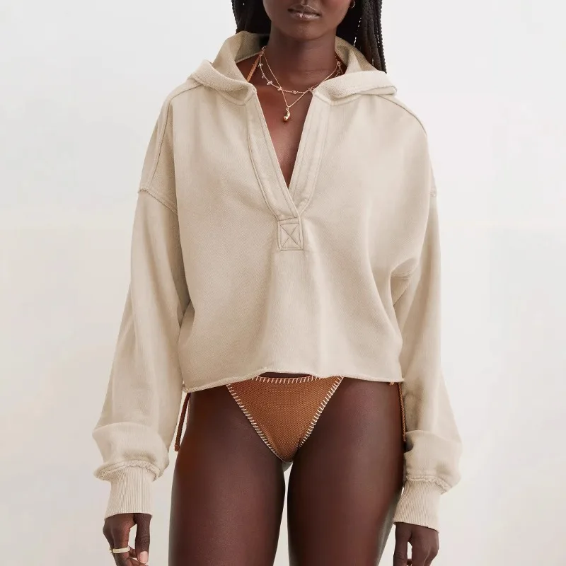 Women's Autumn/Spring Top Sweatshirt Hoodie V-neck Pullover Simple Comfortable Casual Design Fashion Niche Versatile Skinny New