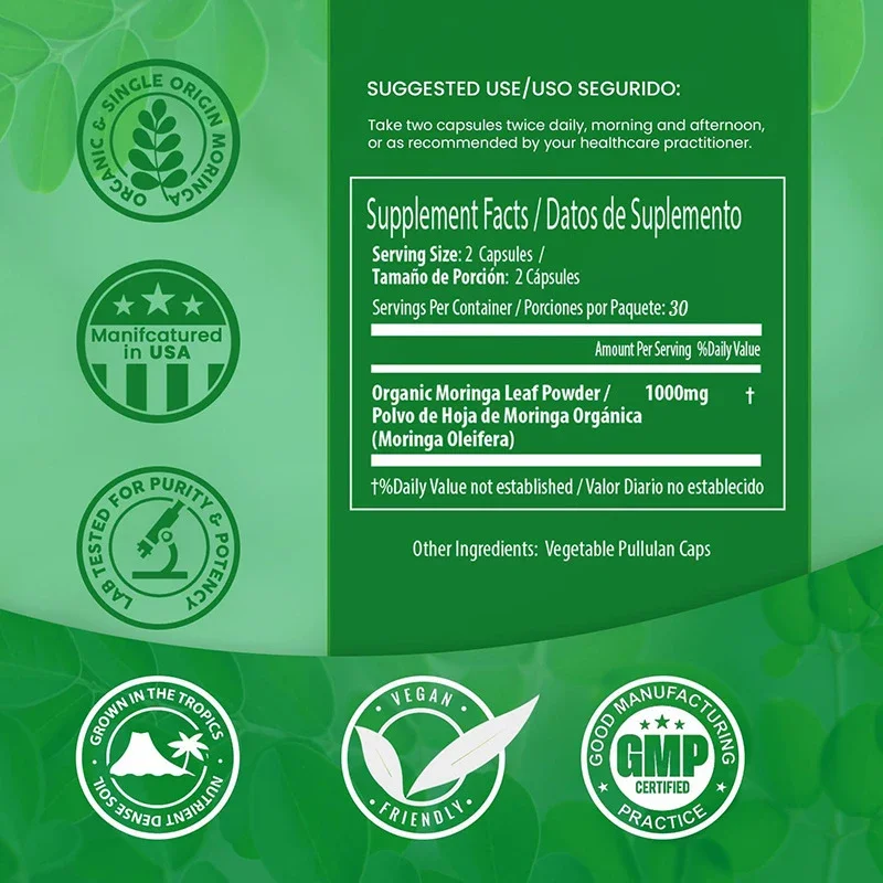 يحتوي كبسولات مورينجا النباتية 500 ملغ على مسحوق أوراق المورينجا الطبيعي العضوي لدعم عملية التمثيل الغذائي ودعم المناعة -60 كبسولة #5