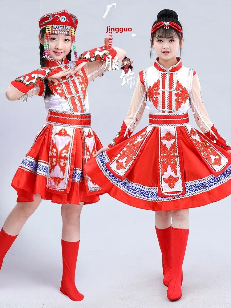 

Mongolian Ethnic Children's Dance Performance Costume Girls' Mongolian Robe assland White Chopstis Dance Clothing