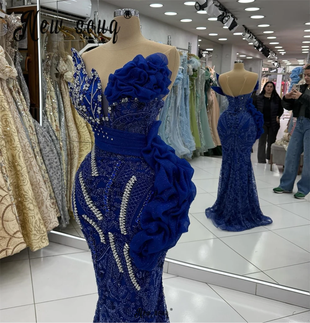 Royal Blue Sleeveless Ruffles Mermaid Party Dress Maxi Long Beads 3D Lace  Wedding Engagement Dinner Gown Abiballkleid Customized