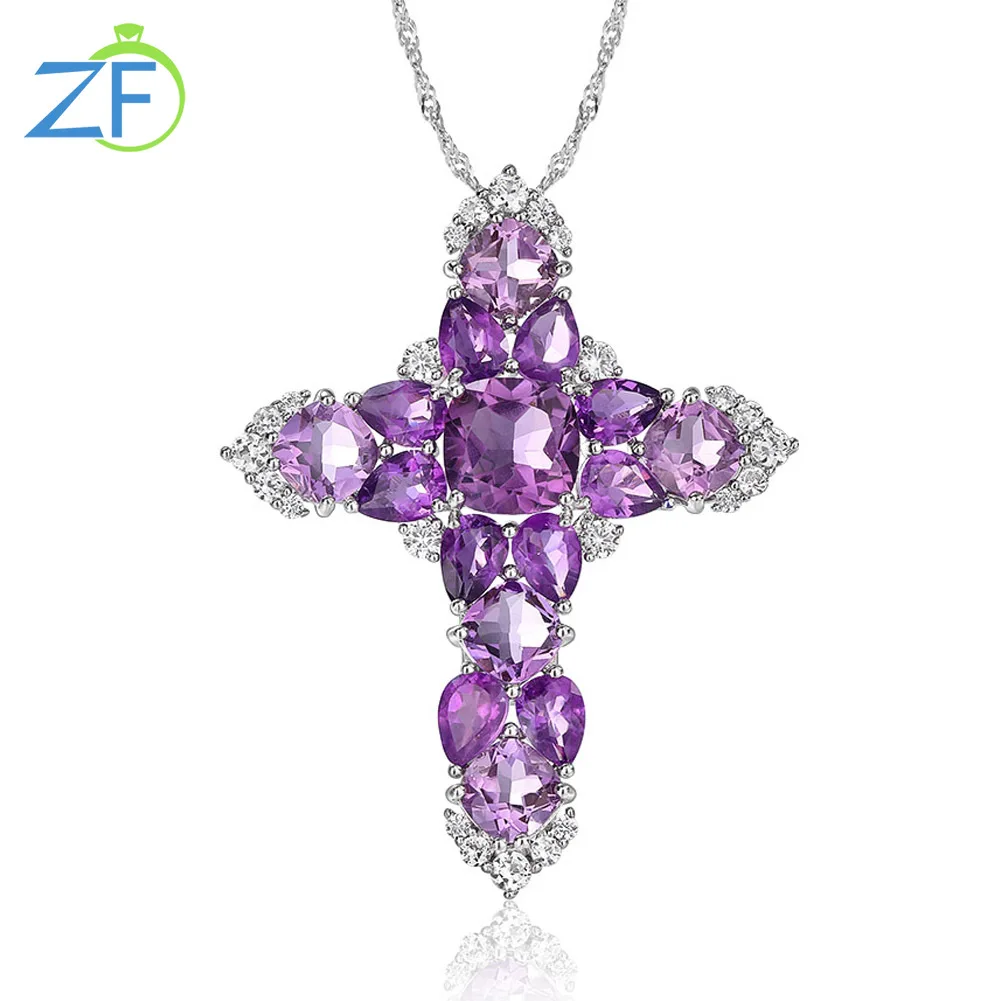 GZ ZONGFA Nature Amethyst Cross Pendant 925 Sterling Silver Necklace Cross Pendant Long Chain Necklace Choker Goth Punk Jewelry